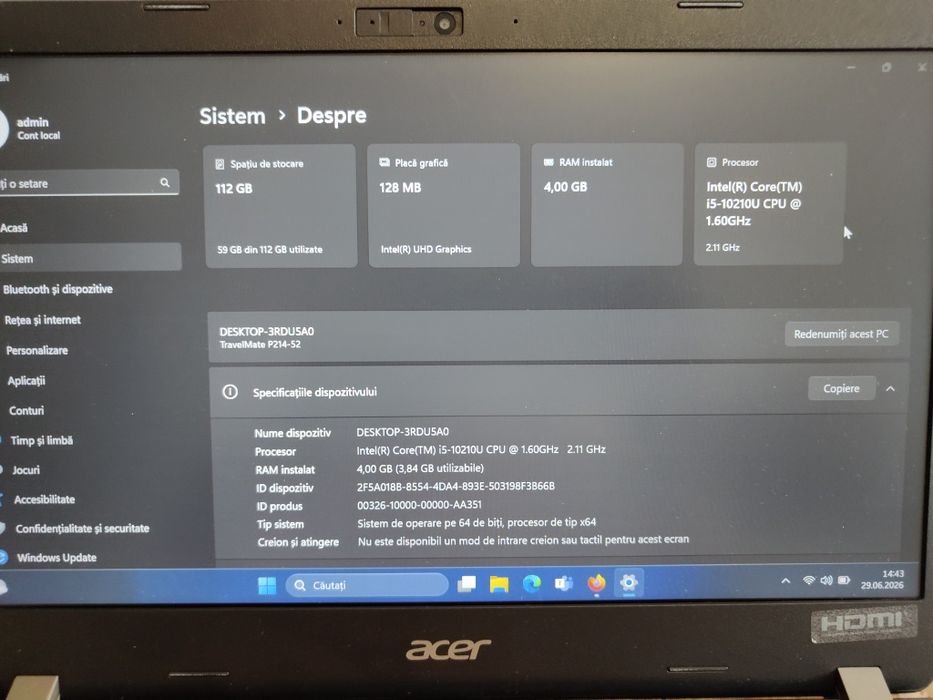 Laptop Acer/ 14 inch/ i5 gen 10/ ssd 128 gb/ 4 GB RAM