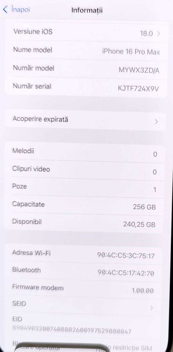 (AG35 B 34409) Telefon iPhone 16Pro Max 256Gb - 5800Lei Garantie 2ani!