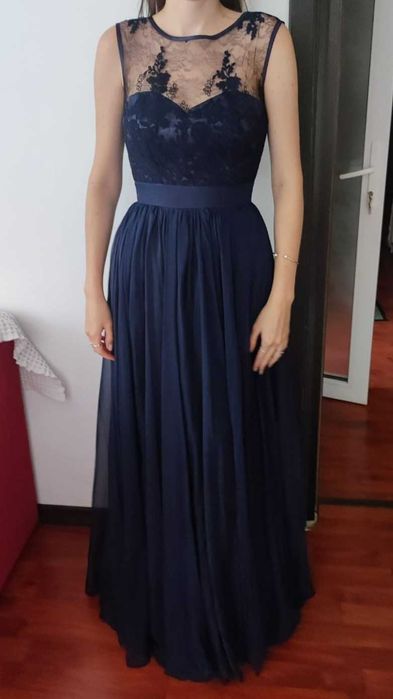 Rochie de ocazie lunga din voal si dantela albastru inchis 34 / S