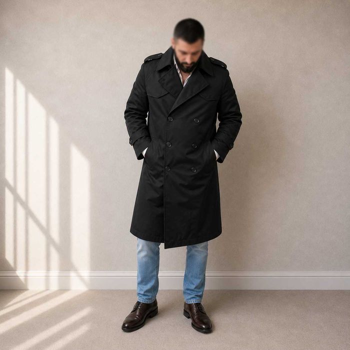 Palton trench militar negru barbati, dublu rând, căptușeală carouri, stil premium, marime L