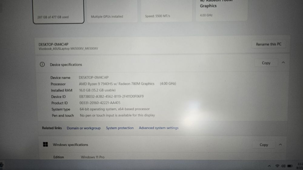 Laptop Asus Vivobook Pro 16 RTX 4060 Ryzen 9 7940HS 16GB DDR5