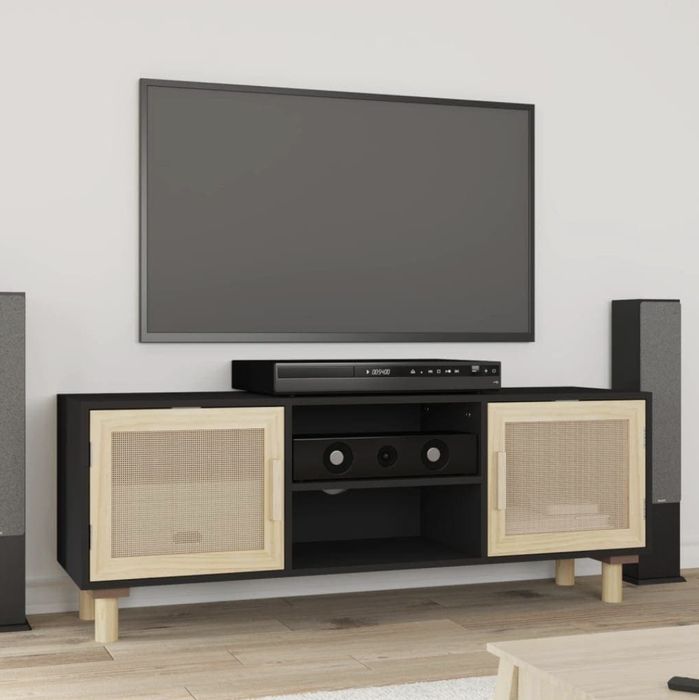 Comoda TV, negru, 105x30x40 cm lemn masiv pin si ratan natural
