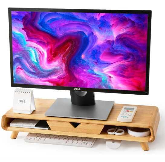 Поставка за монитор Homerays Bamboo, стилна дървена стойка за монитор / лаптоп от бамбук
