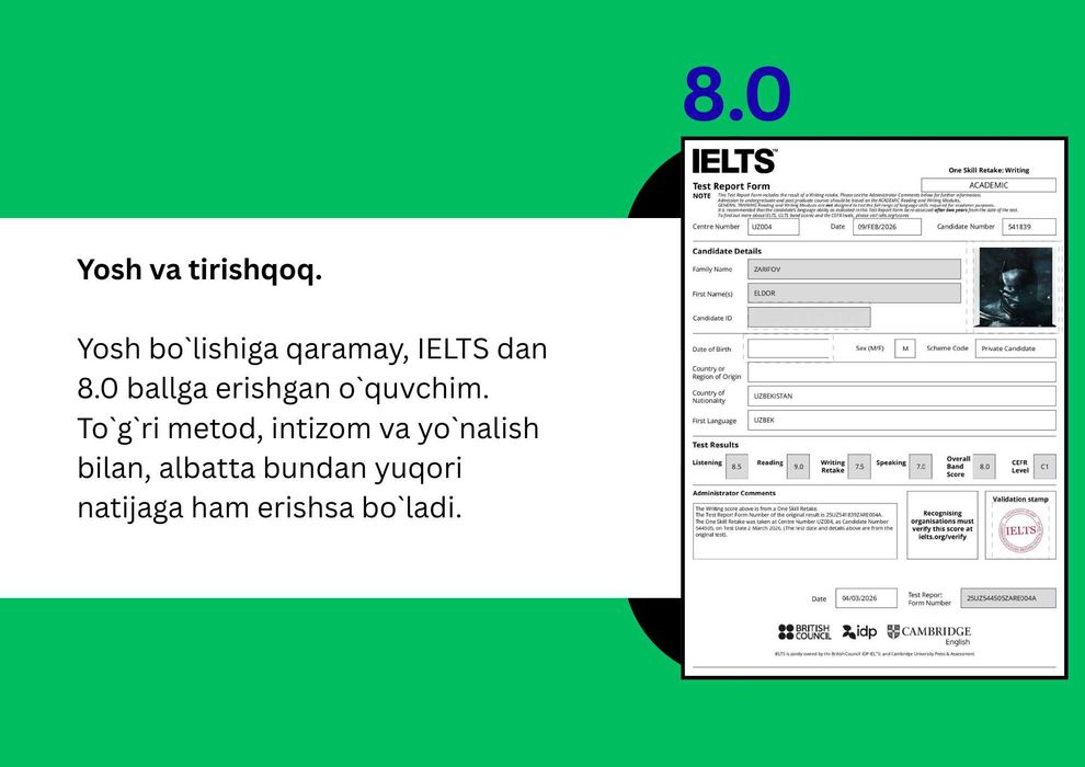 Online Ingliz tili va IELTS. Biz uchun sifat muhim!