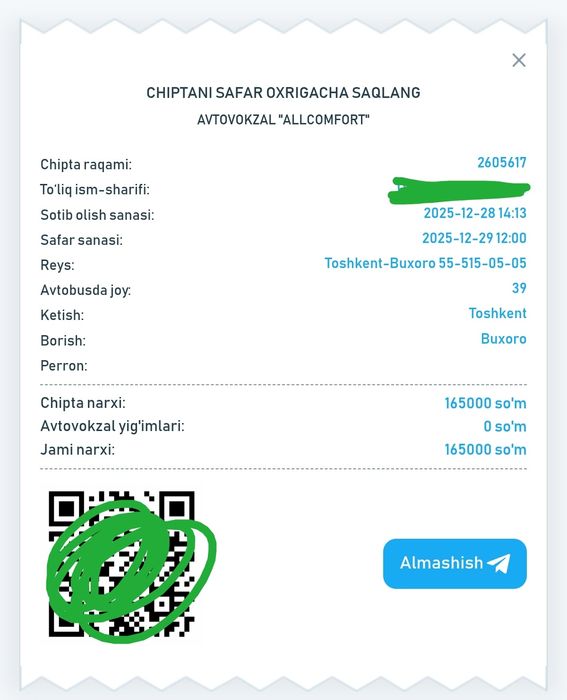 Toshkent-Buxoro All Comfort bileti  sotiladi  1 dona