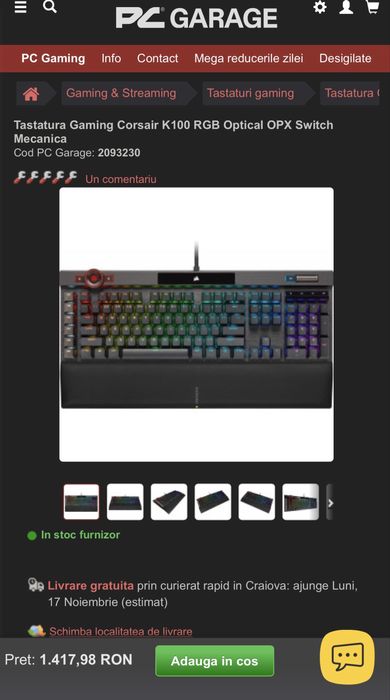 Tastatura Gaming Corsair K100 RGB Optical OPX Switch Mecanica