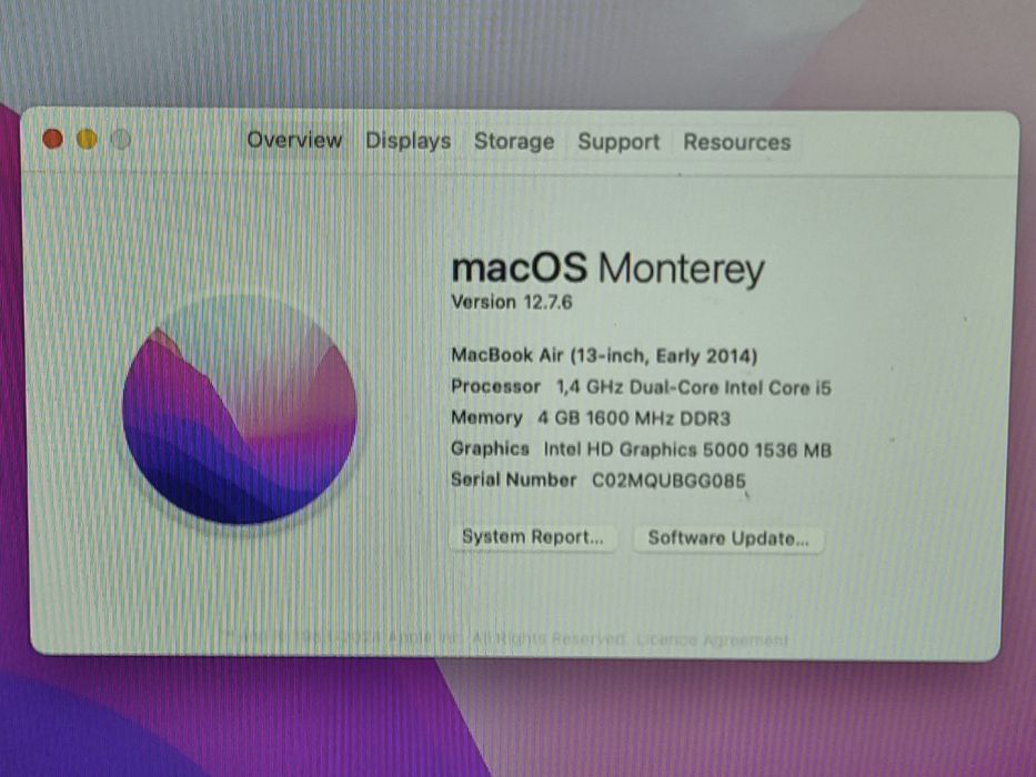 vand laptop MacBook Air 13 A1466 2014s.14"FH..i5..4 Gb..Ssd 128 G