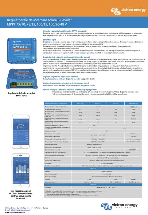 Regulator Solar Victron Energy BlueSolar MPPT 75 10 Calitate Premium Fotovoltaic Controler Incarcare Baterie Panou Box 4 Bucati