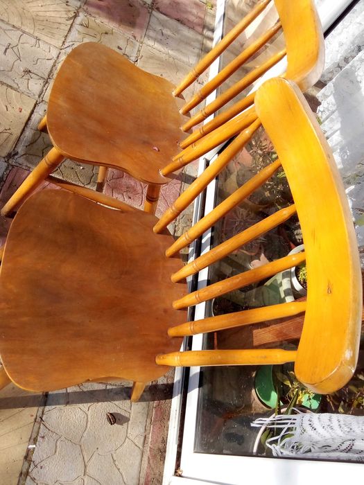 Кръгла растегателна маса, чамова, запазена и столове