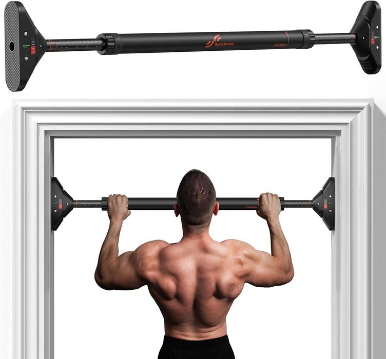Bara de tractiuni Sportneer, reglabila 75-94 cm, sarcina maxima 135 kg, Montaj fara gaurire, Sistem de blocare 360°, Otel aliat, culoare Negru