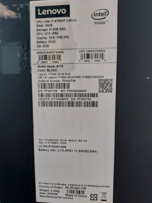 Gaming Laptop Lenovo Legion Y7000 PG0 16Gb