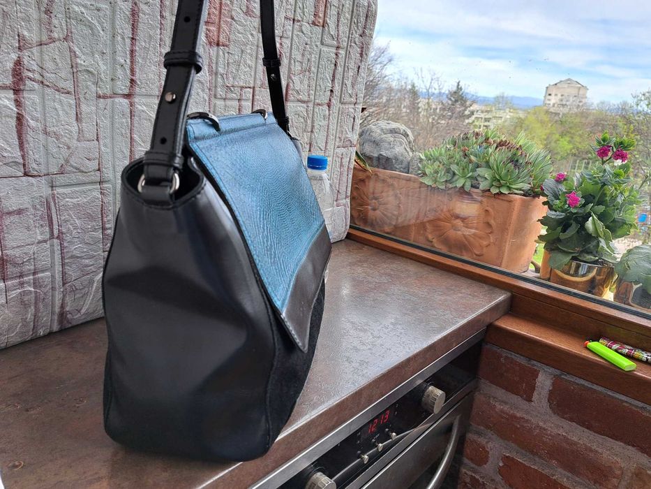 дамска чанта,черна кожена торба-естествена кожа и велур