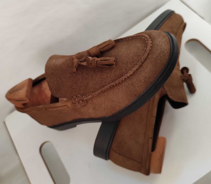 Pantofi loafer 40 tassel premium ZARA NOI piele naturala suede moale