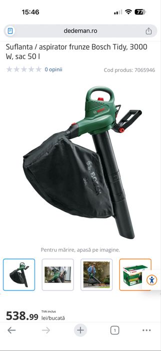 Suflanta / aspirator frunze Bosch Tidy, 3000 W, sac 50 l