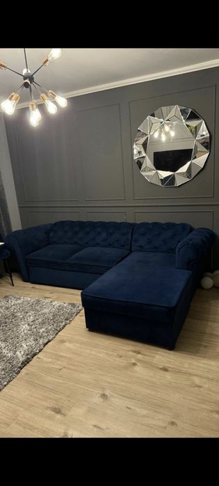 Canapea catifea velvet albastru – extensibilă, cu ladă