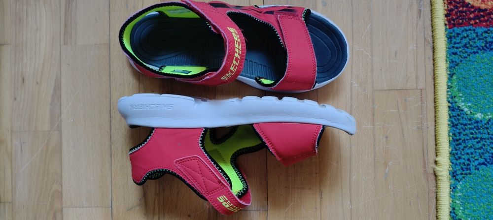 Skechers, Sandale cu inchidere velcro si detalii logo, Rosu, Bleumarin, 37 EU