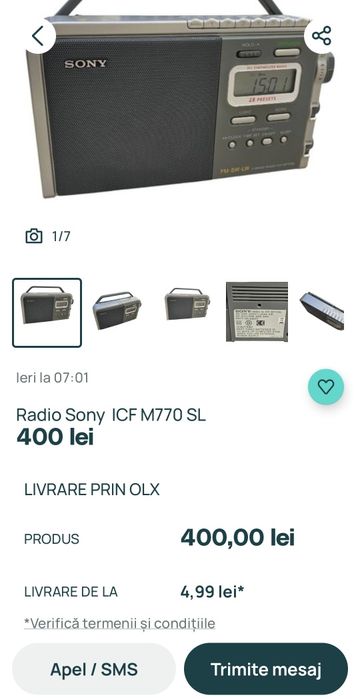 Radio ,Sony ICF M770,superb,la pret minim