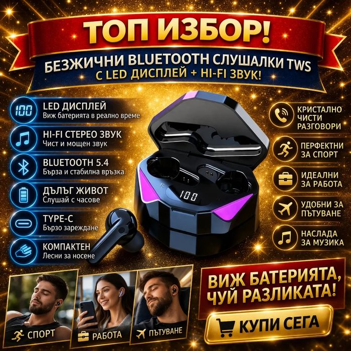 Безжични Bluetooth слушалки TWS с LED дисплей – Hi-Fi звук и мощна бат