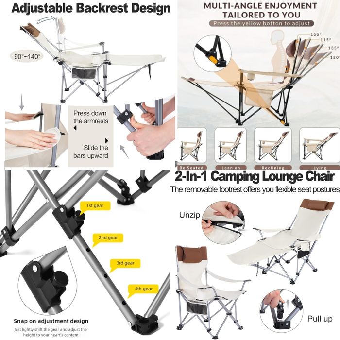 Сгъваем къмпинг стол с поставка за краката,Бежов