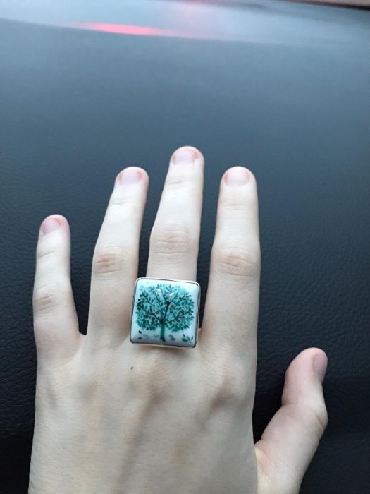 Inel portelan și argint suflat cu platină pictat manual Copacul Vietii