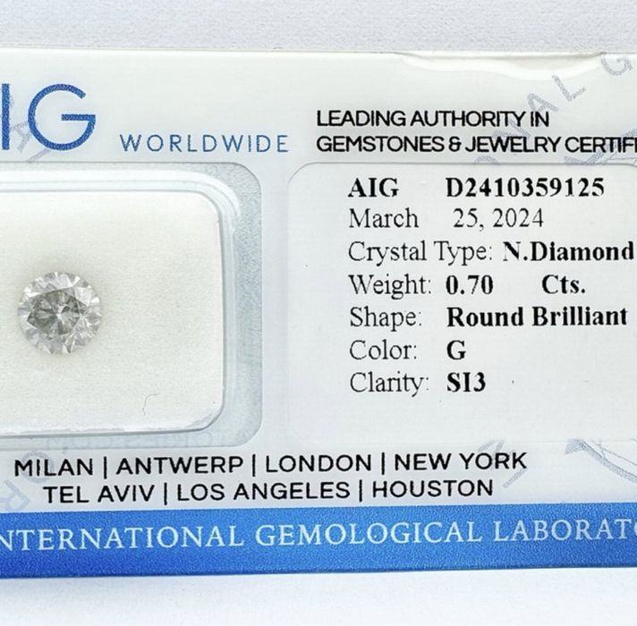 Диамант с AIG сертификат – 0.70 карата, G/SI3, Excellent Cut