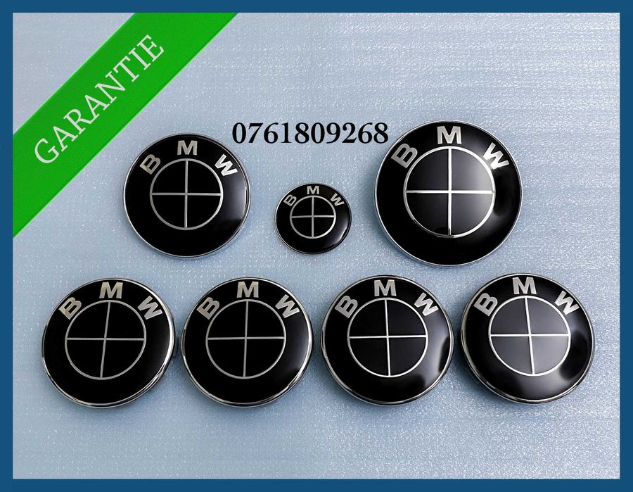 Set complet 7 embleme si capace aluminiu logo full black BMW pentru capota / portbagaj / volan / jante