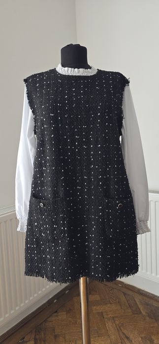 Rochie tweed elegantă L, mâneci cămașă, buzunare, superbă