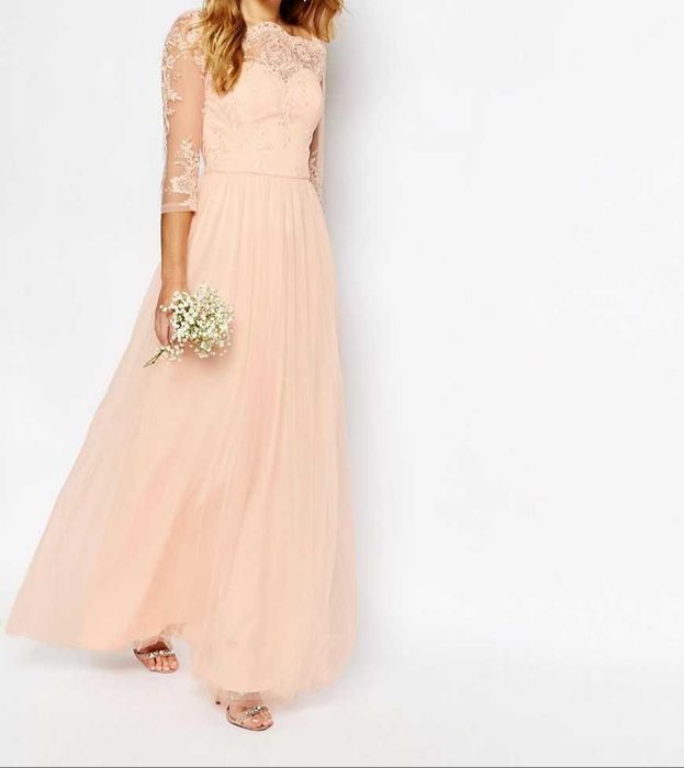 Сватбена булчинска абитурентска рокля от Англия бледорозова размер М