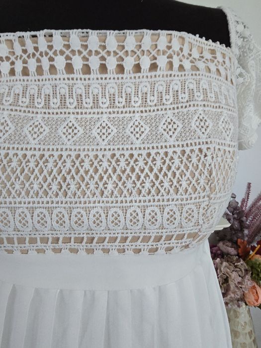 Rochie maxi cu broderie, maneci brodate ,plisata, feminina ,