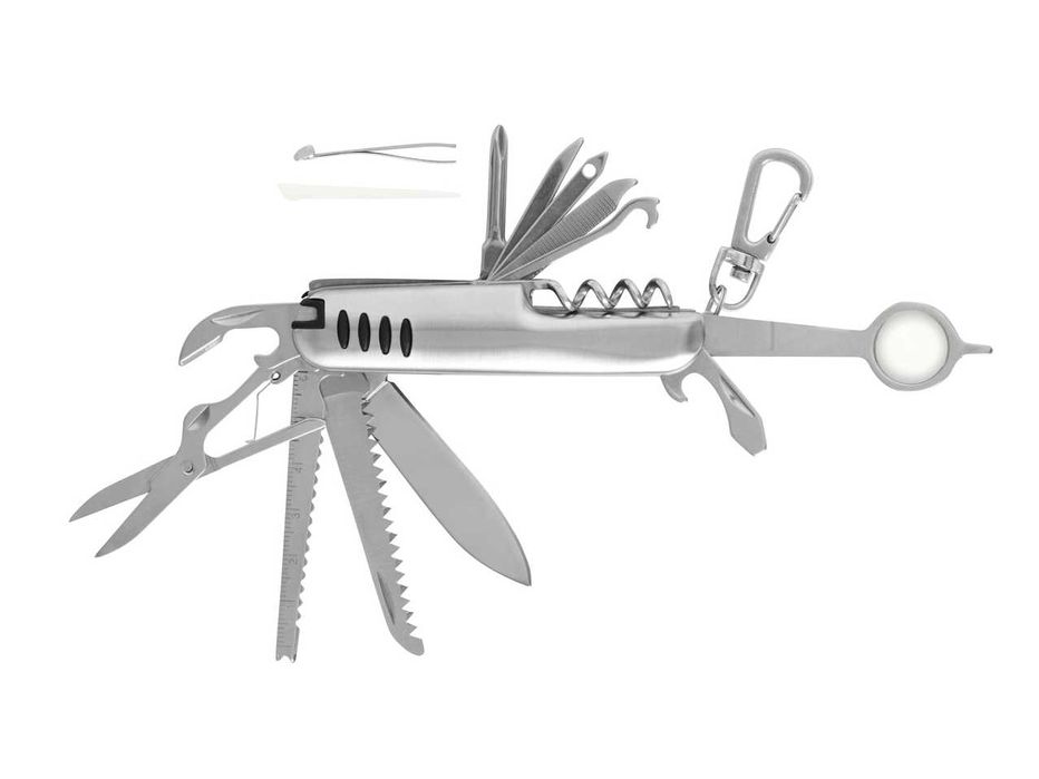 Briceag multifuncțional din otel inoxidabil, cu husa, cuțit, nou, sigilat, realizat in Germania