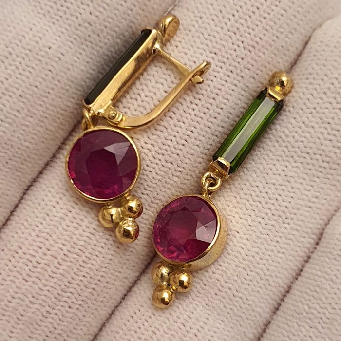 cercei unicat aur 14k cu rubine si turmaline naturale