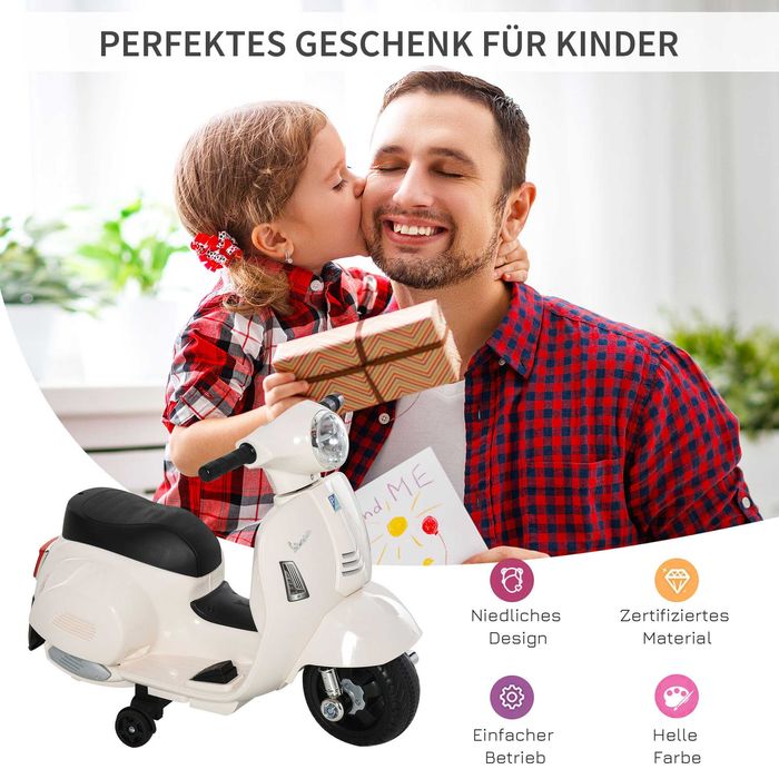 HOMCOM Електрически мотоциклет за деца, Vespa 6V електрически мотоциклет с помощни колела