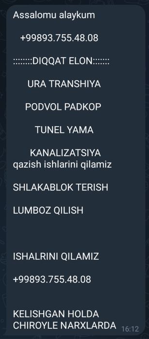 Kanalizatsiya montaj ura transha xizmati