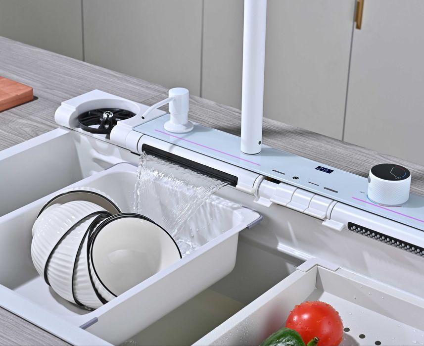 Бяла мултифункционална кухненска мивка с регулируем двоен водопад