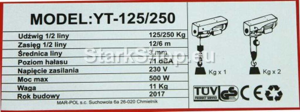 Електрическа въжена лебедка 125 / 250 кг 12 м 500W Mar-Pol