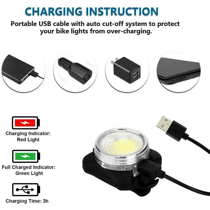 2 в 1 Компактен LED фар и стоп за велосипед Бяла/Червена светлина, USB