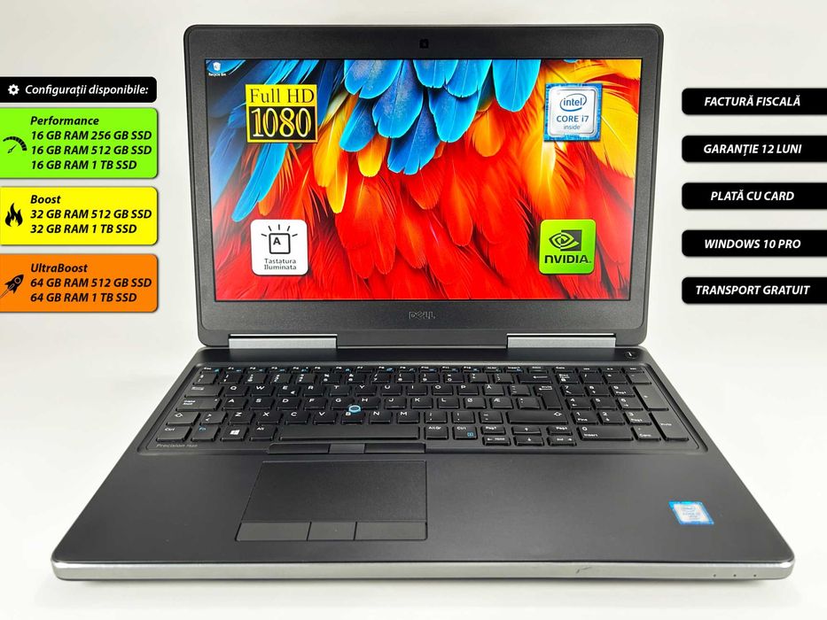 Laptop Dell Precision 7520 Intel i7 6820HQ 16 gb ram 512 gb ssd Nvidia Quadro M1200 Ecran 15.6 inch Full HD  Workstation Win 11 Factura Garantie 1 an