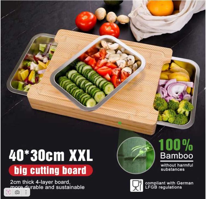Tocator XXL din Bambus cu 3 Tavi din Inox si Accesorii | Blat de Taiere Premium