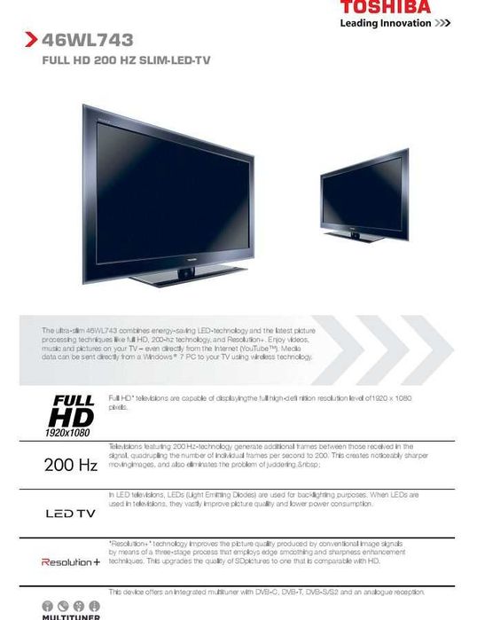 Продавам/Бартер 46 Инча LED Телевизор Toshiba Regza 46wl743 за Мултистрим Сателитна Телевизия !
