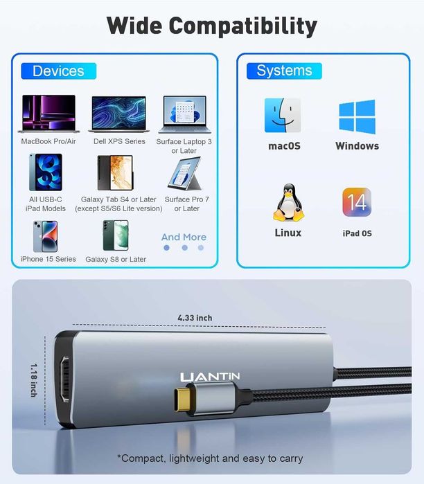 Мултифункционален USB-C Адаптер 3-в-1 UANTIN – 4K HDMI, USB 3.0