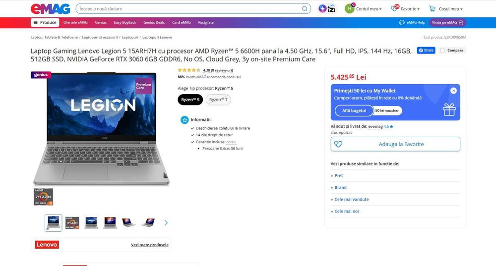 Laptop Gaming  Legion 5 15ARH7H – AMD Ryzen 5 6600h, RTX 3060 6GB, 16GB RAM ddr5