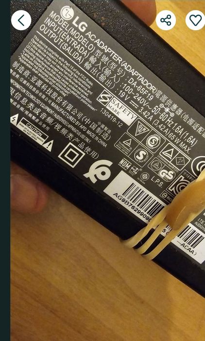 Alimentator sursa curent LG 19V 3,42 original cu pin central, se poate folosi la laptop,televizoare si monitoare marca LG
