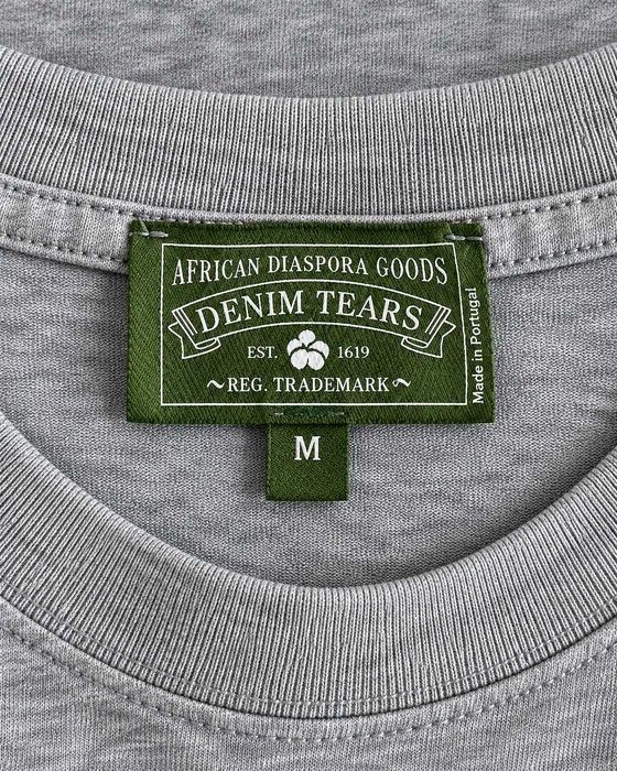 Tricou Denim Tears African Diaspora Goods Cotton Wreath gri, aplicații albe 3D, mărimea M, bumbac,