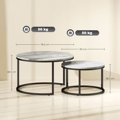 Homcom Set 2 Masute Rotunde pentru Cafea Metal + Marmura Gri/Negru