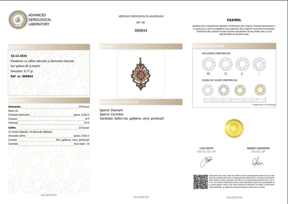 Pandantiv din aur de 9 k cu diamante naturale si safire naturale