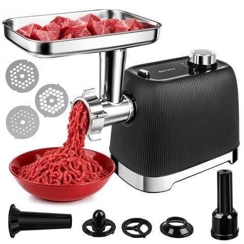 Eлектрическа месомелачка / Месомелачка с пълначка / Мелачка за месо 2400W – с реверс, 3 стоманени решетки и приставка за наденици