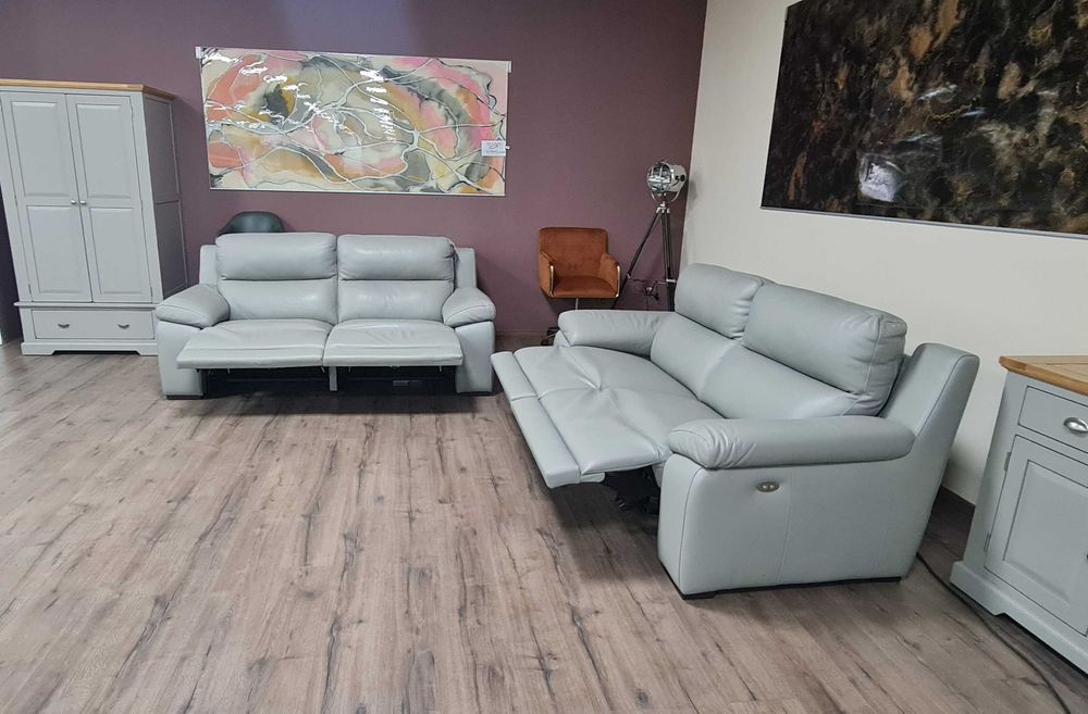 Италиански сив кожен комплект дивани две тройки с ел. релакс механизъм