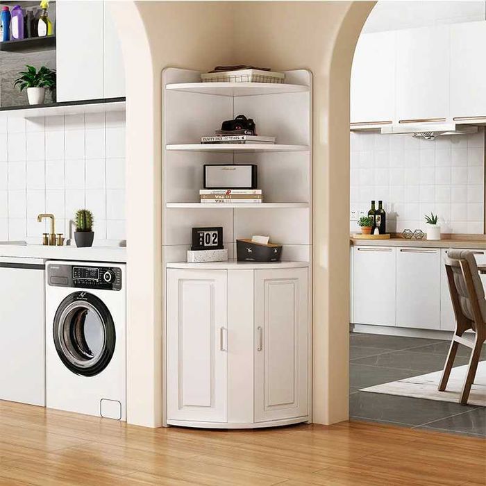 Biblioteca pentru colt cu 4 polite si dulap 2 usi, 180x50x50cm, alb