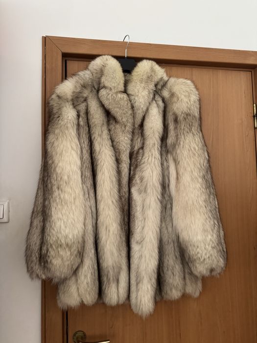 Haină lungă blană naturală Vulpe Argintie / Polară, fir bogat (necesită mică reparație subraț)