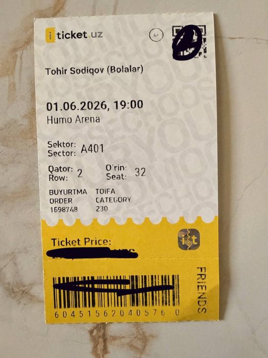 Toxir Sodiqovga  ikkita yonma-yon bilet sotiladi narxi 550 ming sum